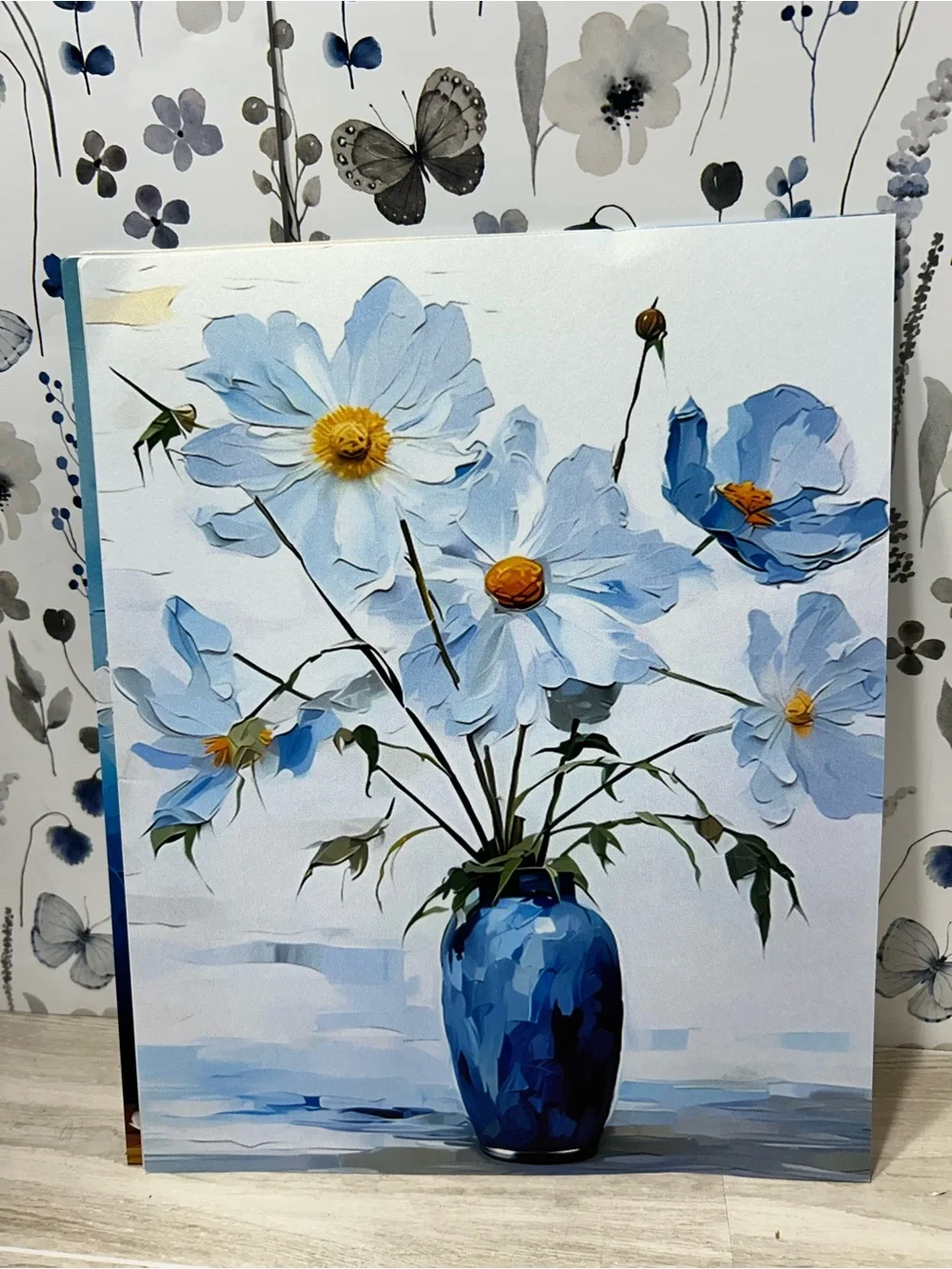 Blue White Floral Prints Set of 5 8x10 Flower Butterfly Wall Art